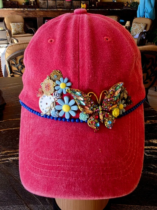 Embellished Raspberry Pink Baseball Cap with Rhinstone Butterfly - Picture 5 of 6
